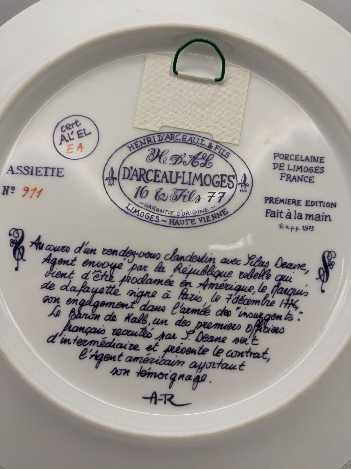 D'Arceau-Limoges Lafayette en Decembre 1776 by Resteau Porcelain LE No. 911