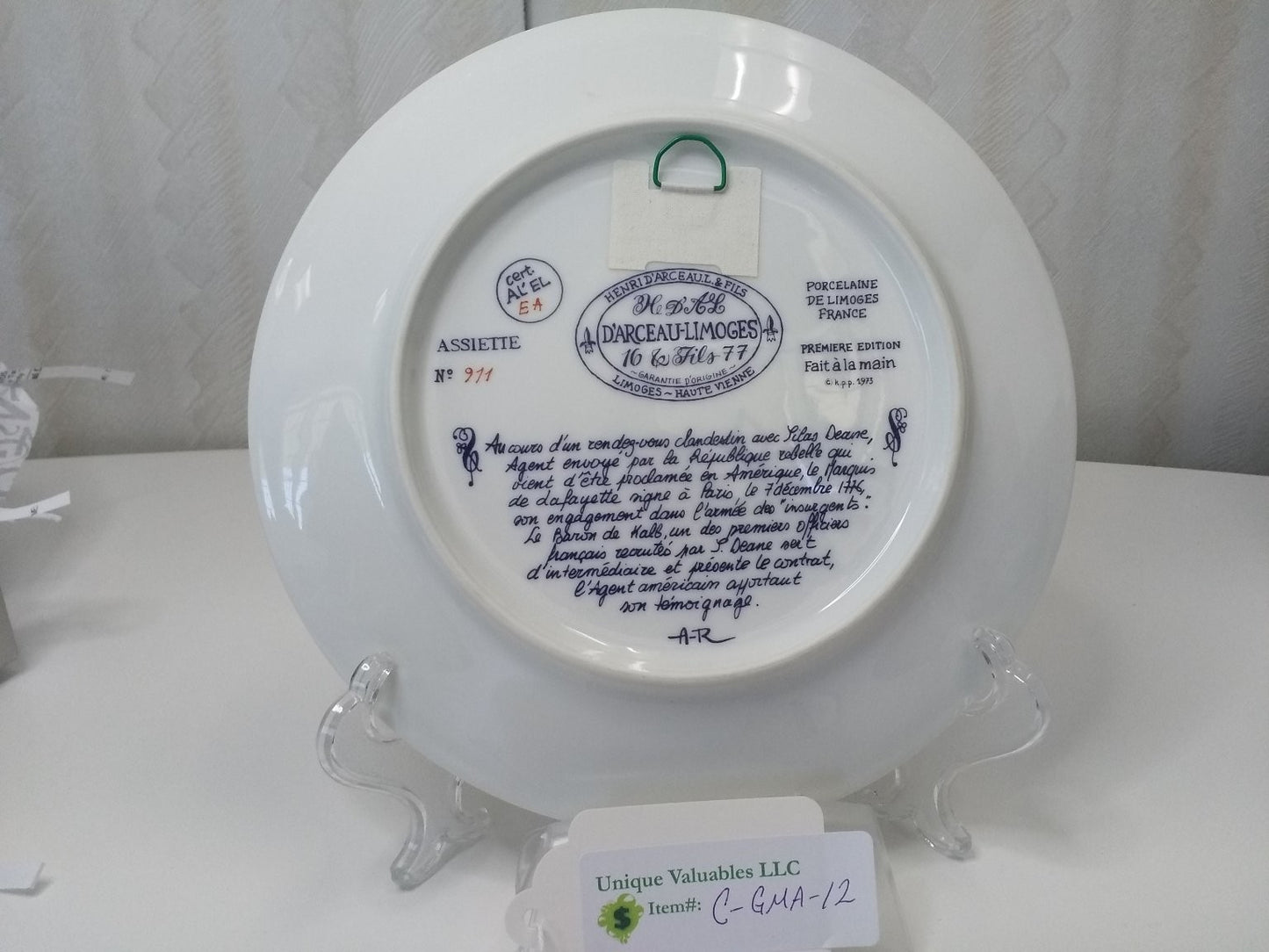 D'Arceau-Limoges Lafayette en Decembre 1776 by Resteau Porcelain LE No. 911