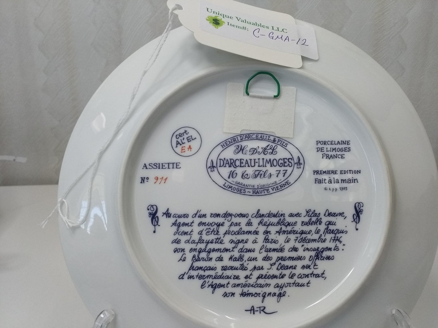 D'Arceau-Limoges Lafayette en Decembre 1776 by Resteau Porcelain LE No. 911