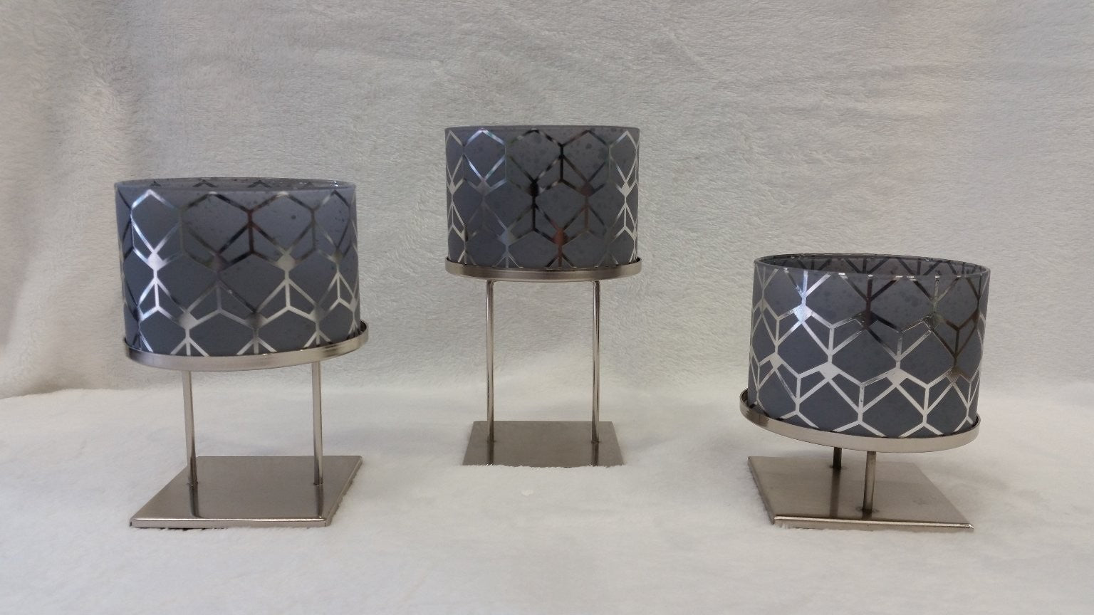 PartyLite Deco Giant Tealight Holders Set of 3 Metal Glass Geometric P93562