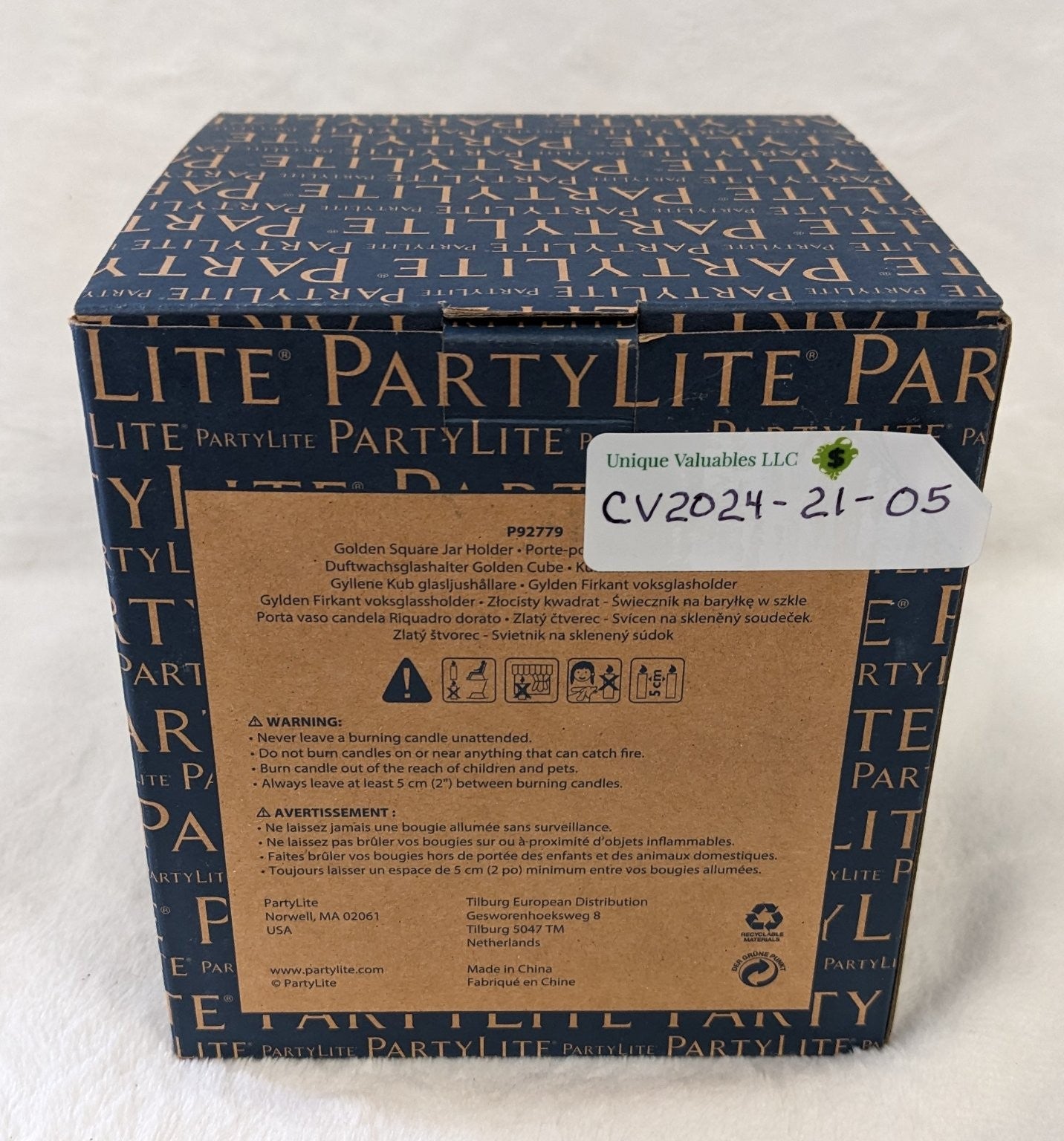 PartyLite Jar Candle Holder Golden Square Metal Leaf Design P92779