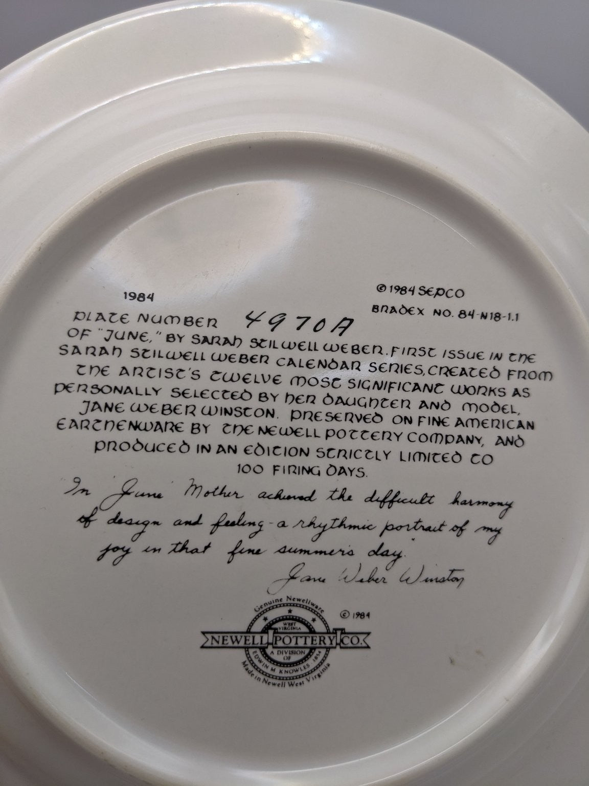 Newell Pottery Sarah Stilwell Weber June Earthenware Bradex 84-N18-1.1 LE 1984
