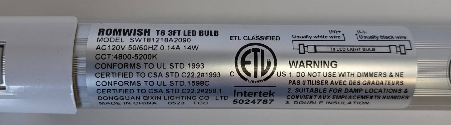 ROMWISH T8 3' LED Bulb Tubes Lamps SWT81218A2090 Intertek 5024787 4pk 