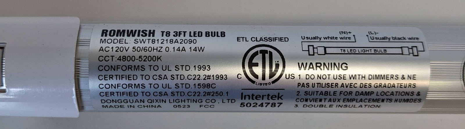 ROMWISH T8 3' LED Bulb Tubes Lamps SWT81218A2090 Intertek 5024787 4pk 