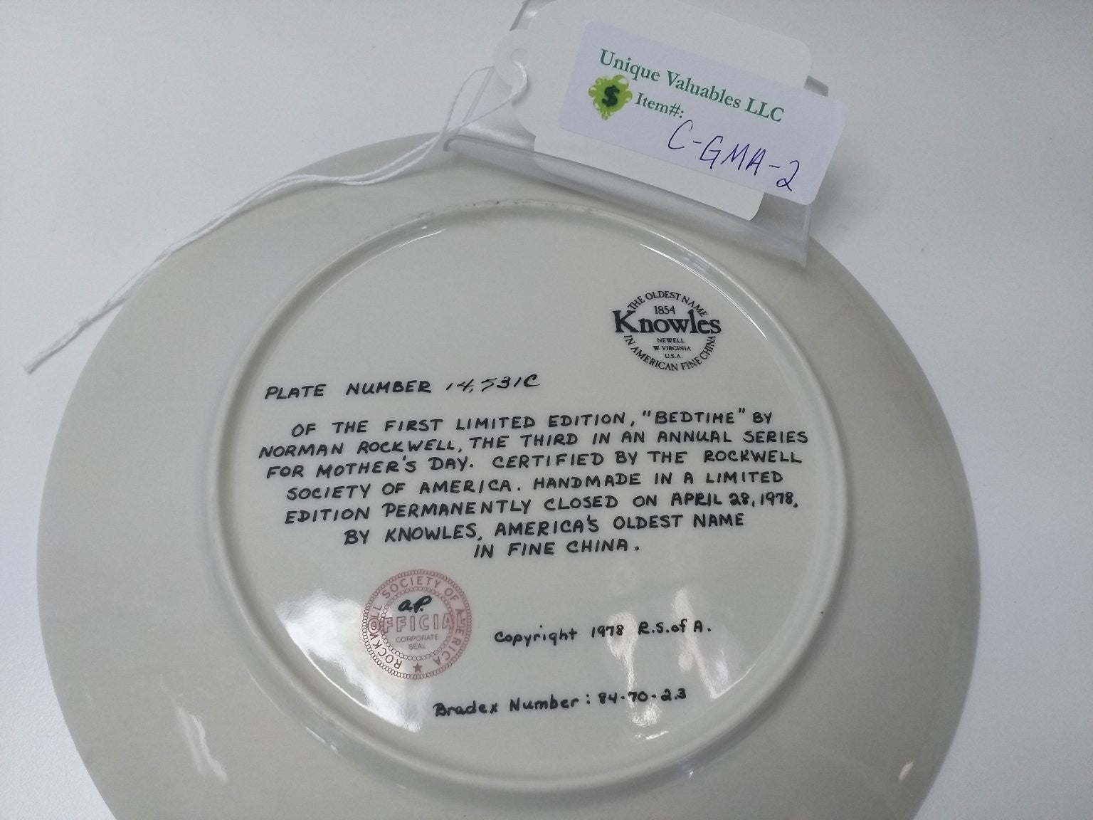 Knowles Mother's Day 1978 Bedtime by Norman Rockwell Fine China Bradex 84-70-2.3